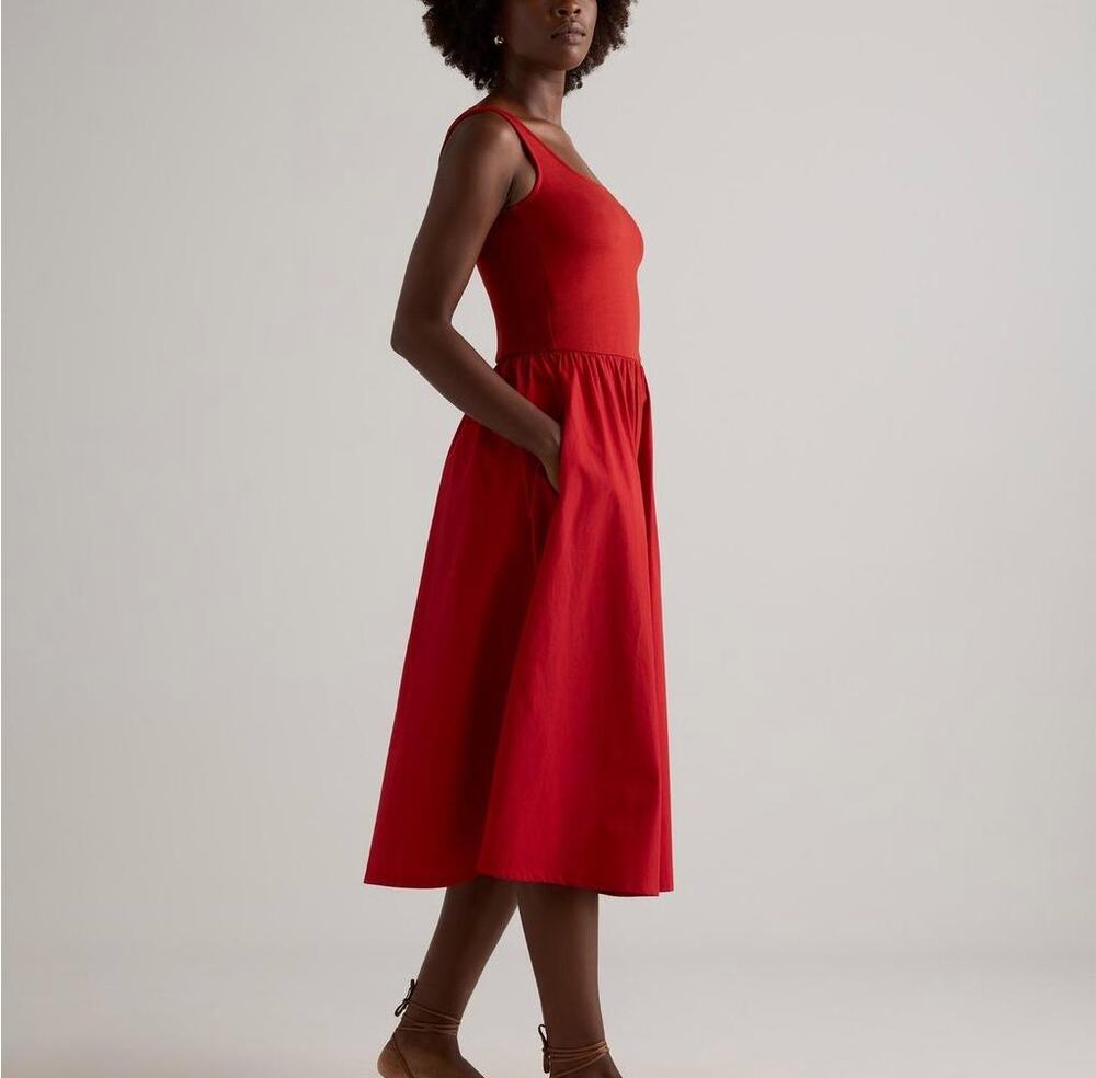 Quince Cotton Mixed Media Tank Dress Chile Red SMALL NEW Midi Sleeveless Pockets